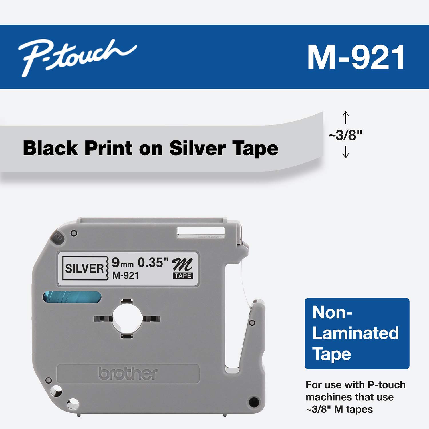 Brother M921 Black on Silver P-touch Label Maker Tape, 9mm M-921
