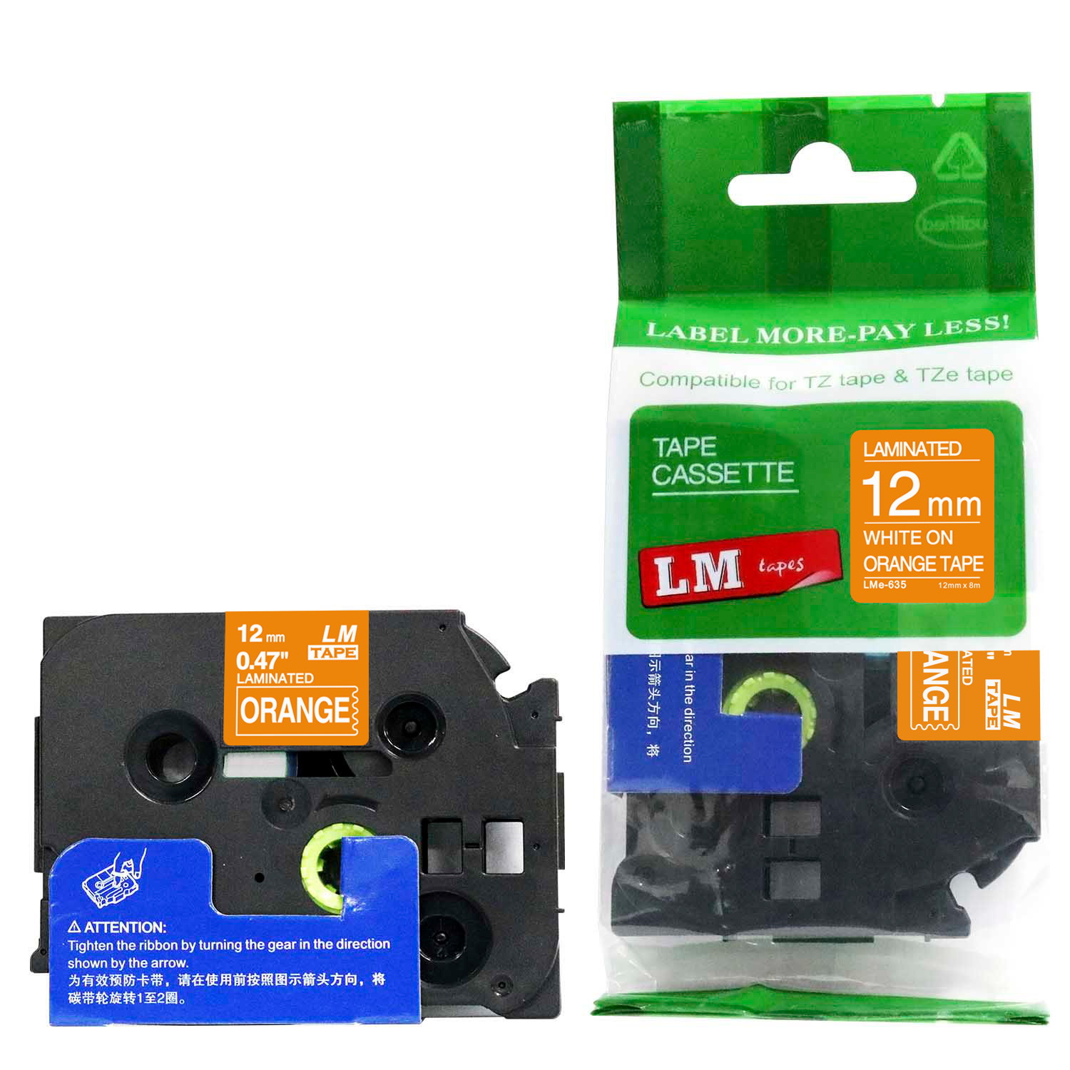 LM Tape LMe635 Compatible 1/2 White On Orange P-touch Tape, 12mm Label