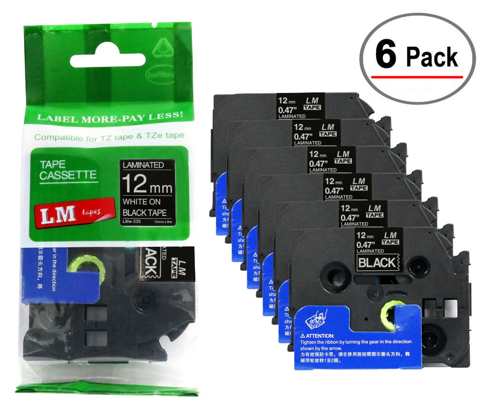 6/Pack Compatible TZe-335 1/2 White On Black P-touch Tape