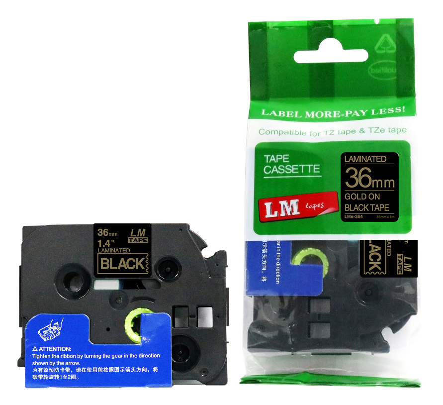 LM Tape LMe364 Compatible 1-1/2 Gold On Black P-touch Tape
