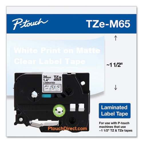 Brother TZe-M65 1.5 White On Matte Clear P-touch Tape - 36mm TZeM65
