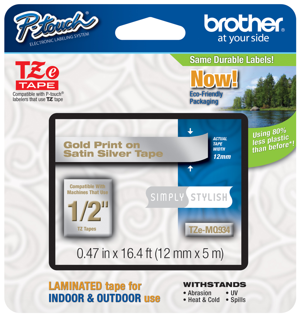 Brother TZMQ934 1/2 Gold on Satin Silver P-touch Tape, 12mm 