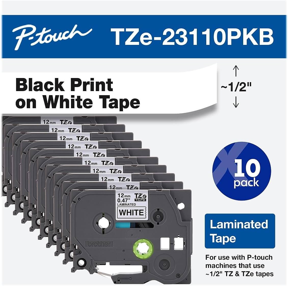 Brother TZe231-10PK Black on White P-touch Tapes 12mm 6/Pack