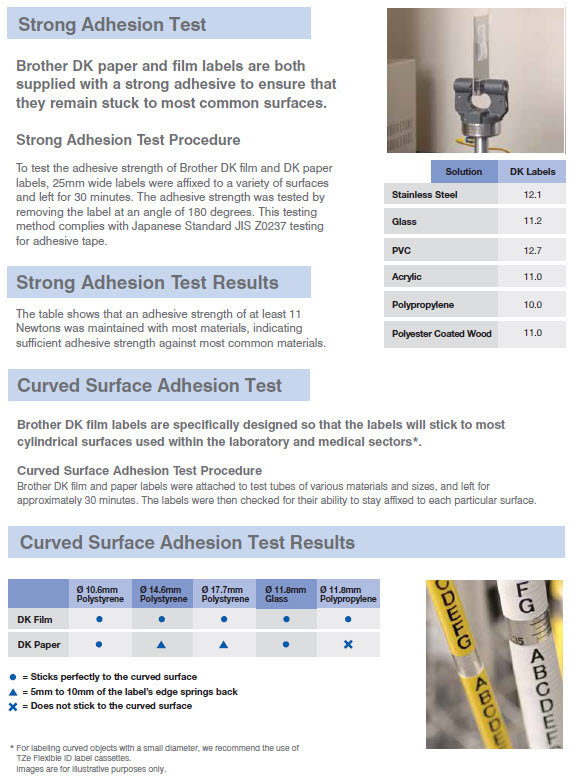 see the reults of Brother DK Label adhesion testing and strength