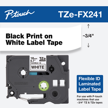 Brother TZe-FX241 3/4 Black On White Flexible Tape - 0.7 18mm TZFX241