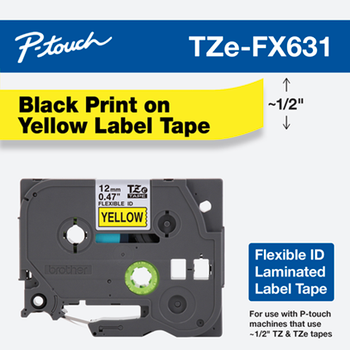 Brother TZe-FX631 1/2 Black On Yellow Flexible Tape - 12mm TZFX231