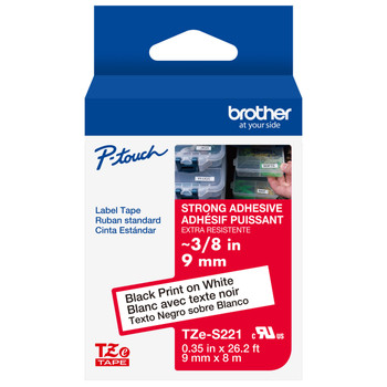 Brother TZe-S221 3/8 Black on White Extra Strength Tape - 9mm TZS221