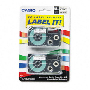 Casio XR18X2S 3/4 Black on Clear Tape Cassettes, 2/Pack