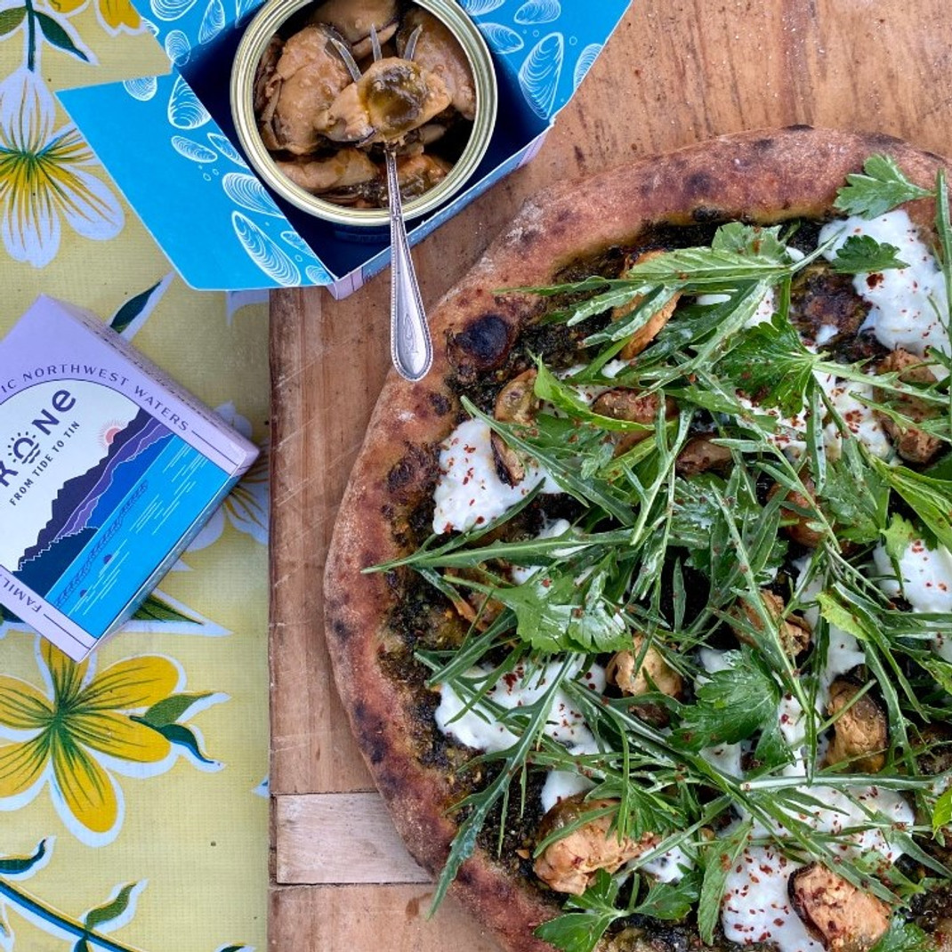 Smoked Mussels Sourdough Pizza with Basil-Lime Pesto and Burrata Smoked Mussels Sourdough Pizza with Basil-Lime Pesto and Burrata