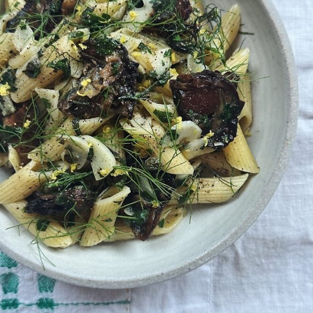 Penne with Lemon Pepper Smoked Oysters, Garlic, Capers, and Herbs Penne with Lemon Pepper Smoked Oysters, Garlic, Capers, and Herbs