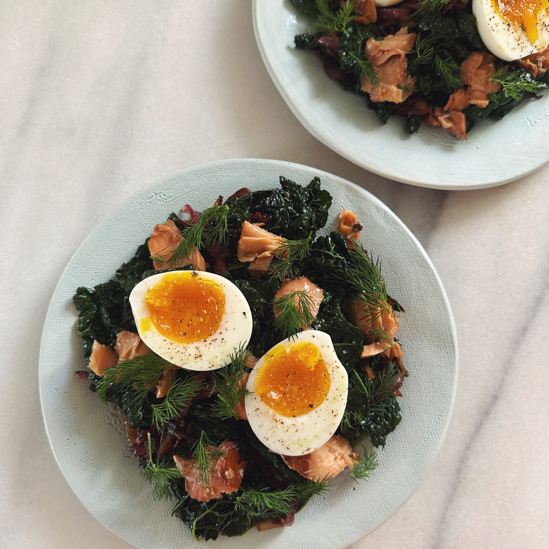 Silky Kale with Blistered Onions, Jammy Eggs, & Smoked Salmon Silky Kale with Blistered Onions, Jammy Eggs, & Smoked Salmon