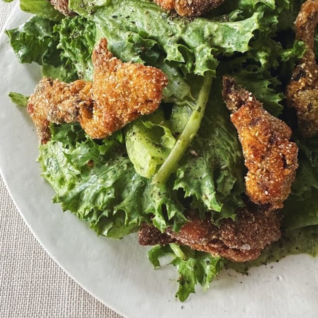 Cornmeal Fried Habanero Hot Oysters with Herbed Yogurt Dressed Lettuce Cornmeal Fried Habanero Hot Oysters with Herbed Yogurt Dressed Lettuce