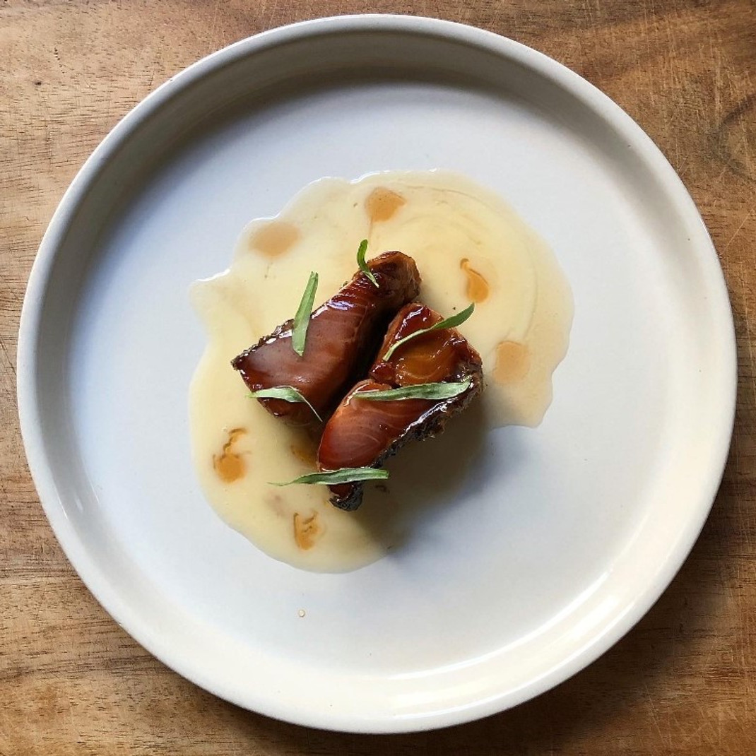 Chilled Smoked Coho Salmon with Beurre Blanc, Banyuls Gasrique, and Tarragon By Isabel Lederman Chilled Smoked Coho Salmon with Beurre Blanc, Banyuls Gasrique, and Tarragon By Isabel Lederman
