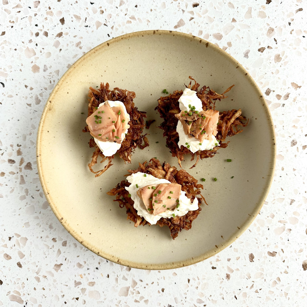 Latkes with Whipped Garlic Mascarpone + Smoked Salmon Latkes with Whipped Garlic Mascarpone + Smoked Salmon