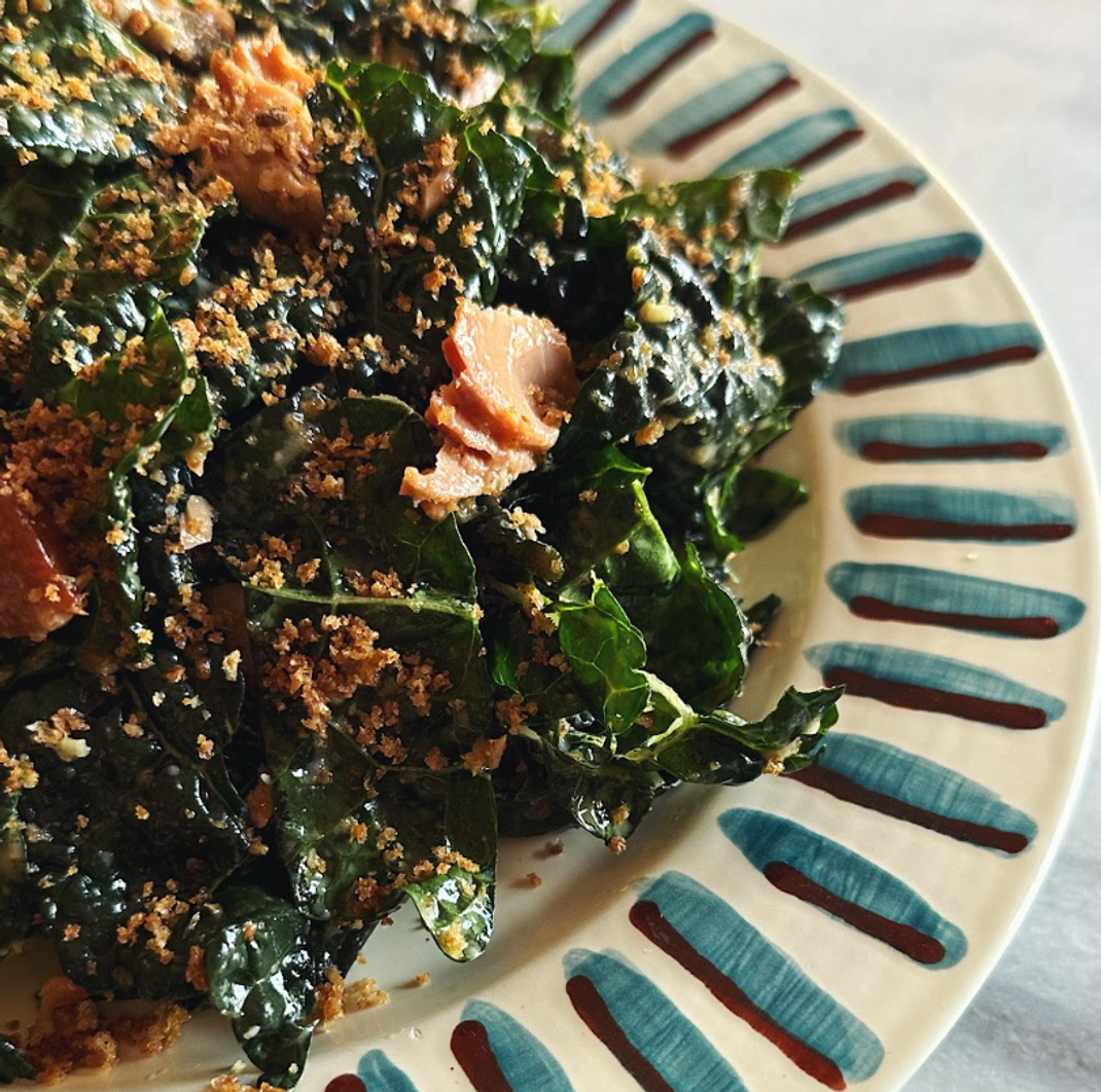 Kale Caesar with Sourdough Breadcrumbs and Smoked Coho Salmon Kale Caesar with Sourdough Breadcrumbs and Smoked Coho Salmon