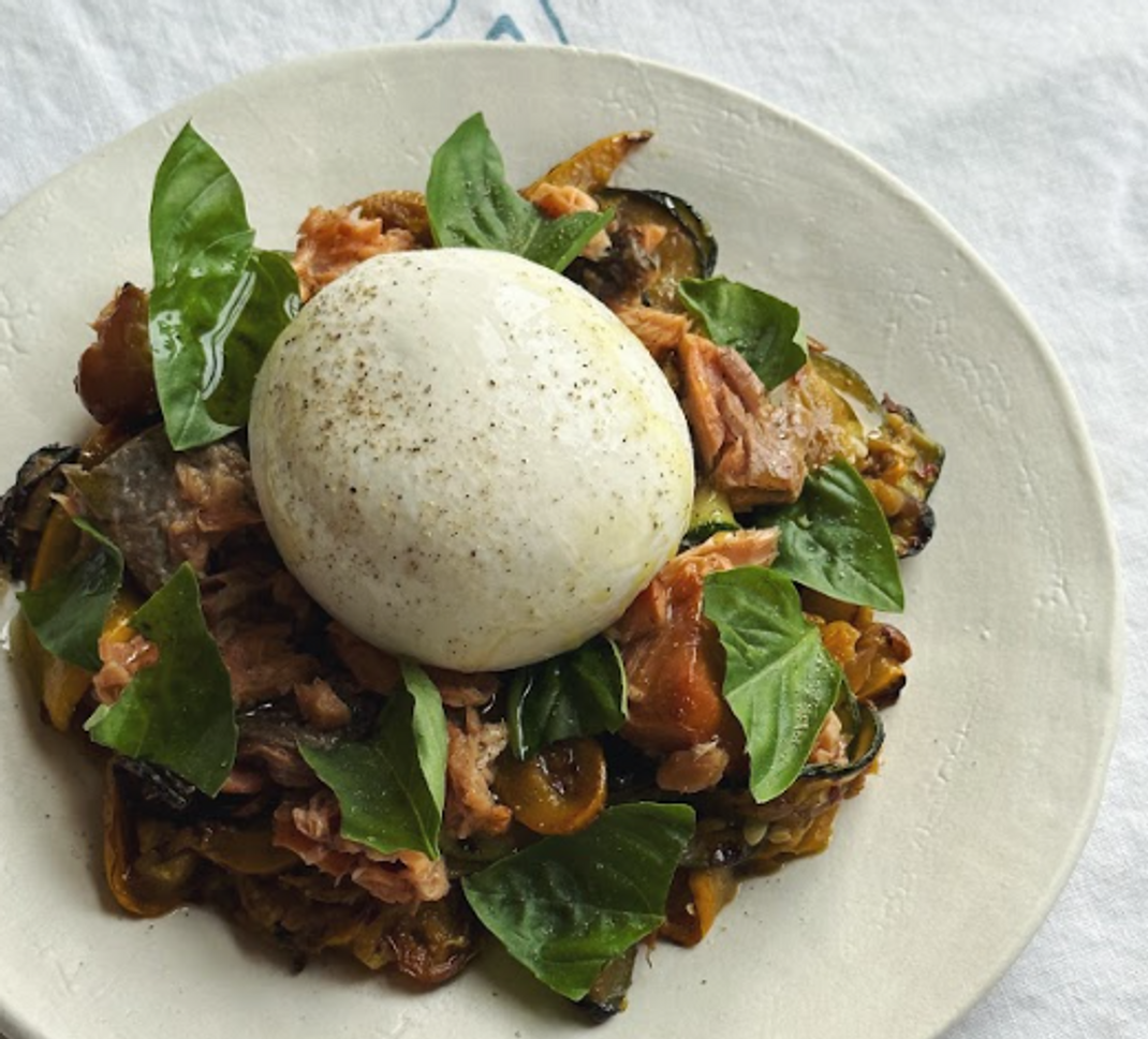 Melted Zucchini with Smoked Coho Salmon, Burrata, and Basil Melted Zucchini with Smoked Coho Salmon, Burrata, and Basil