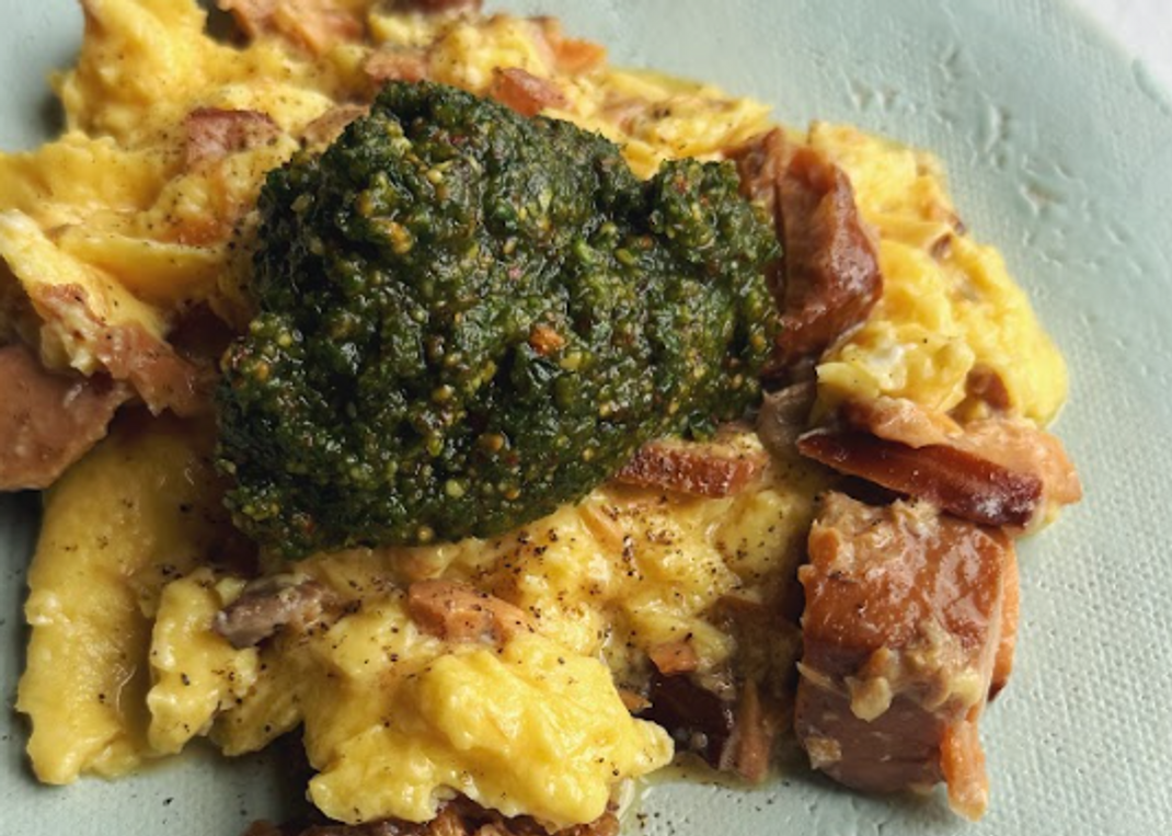 Soft Scrambled Eggs with Smoked Salmon and Toasted Almond Pesto Soft Scrambled Eggs with Smoked Salmon and Toasted Almond Pesto