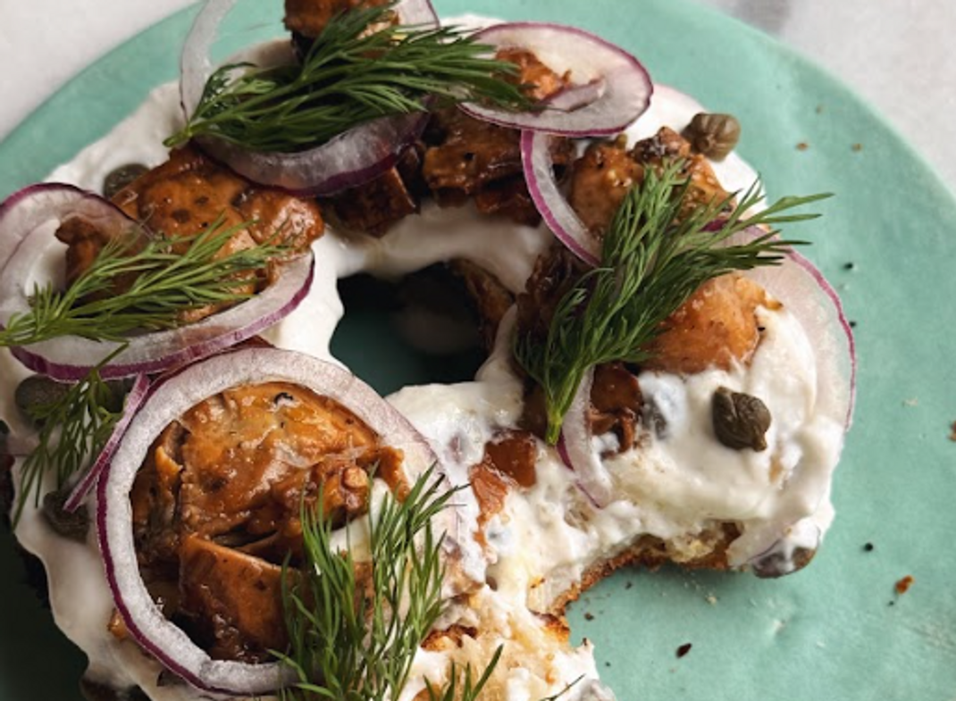 A Loaded Toasted Bagel with Lemon Pepper Oysters A Loaded Toasted Bagel with Lemon Pepper Oysters