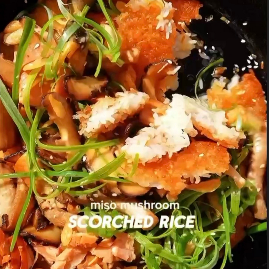 Miso Mushroom Scorched Rice with Smoked Coho Salmon Miso Mushroom Scorched Rice with Smoked Coho Salmon