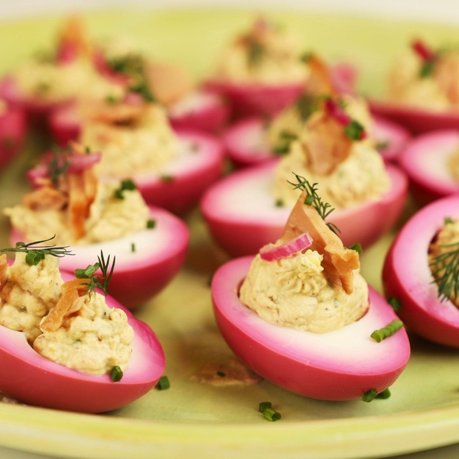 Beet Stained Deviled Eggs with Smoked Salmon
