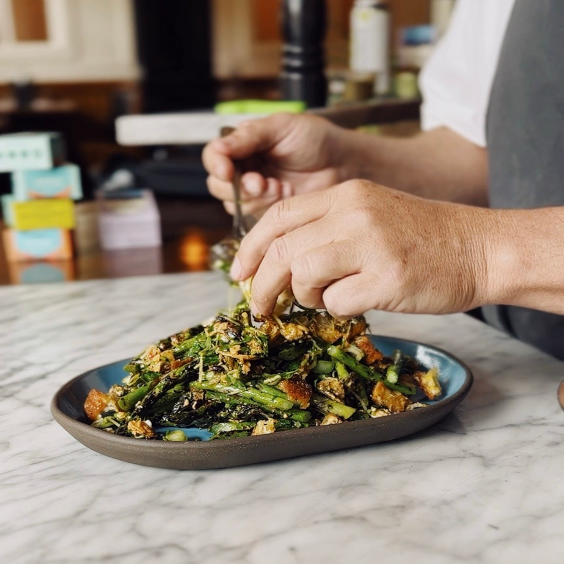 Grilled Asparagus Panzanella With Smoked Mussel Vinaigrette 