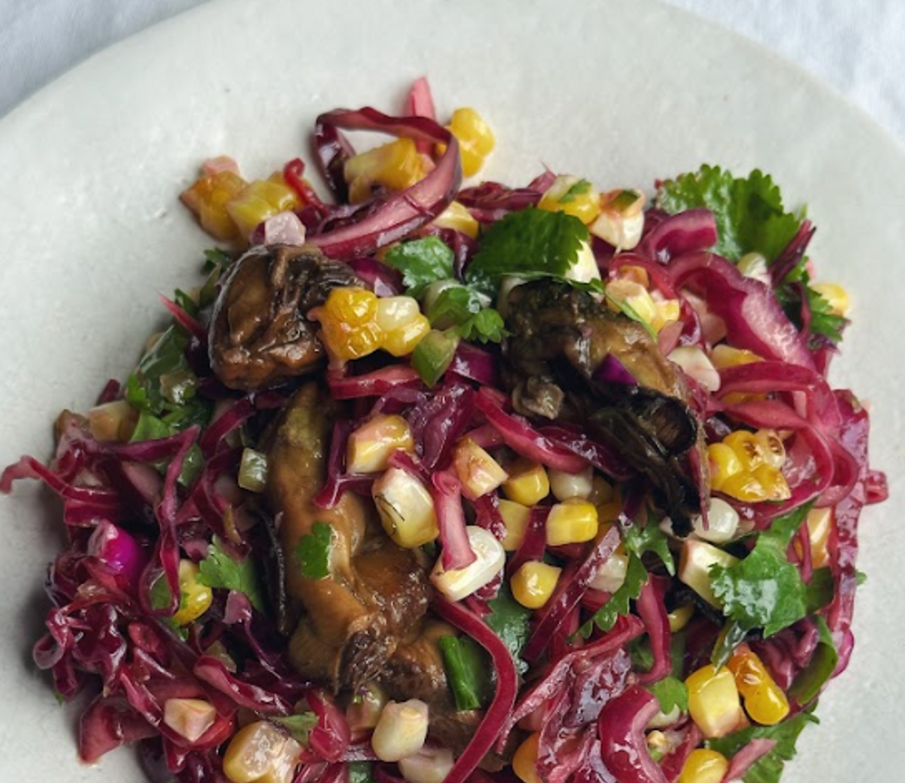 Corn, Cabbage, and Smoked oyster Slaw