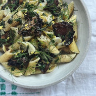 Penne with Lemon Pepper Smoked Oysters, Garlic, Capers, and Herbs