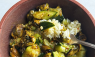 Smashed Cucumbers with Crispy Garlic, Steamed Rice, and Mussels in Curry