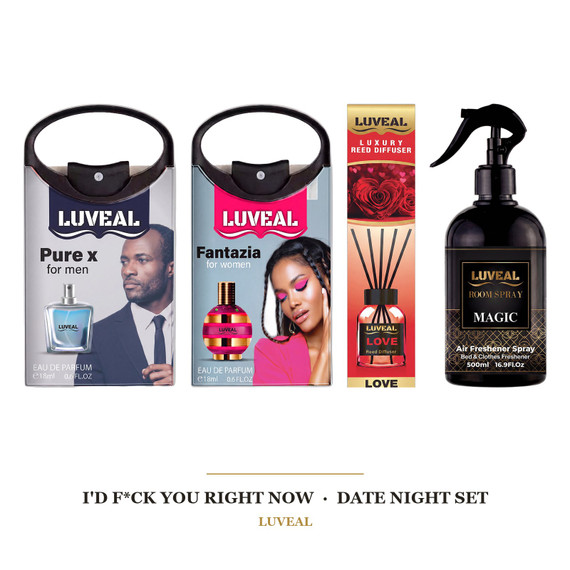 I'd F*ck You Right Now — The Date Night Set — Pure X Pocket Perfume for Men 18ml, Fantazia Pocket Perfume 18ml, Love Reed Diffuser 110ml, Magic Room Spray 500ml