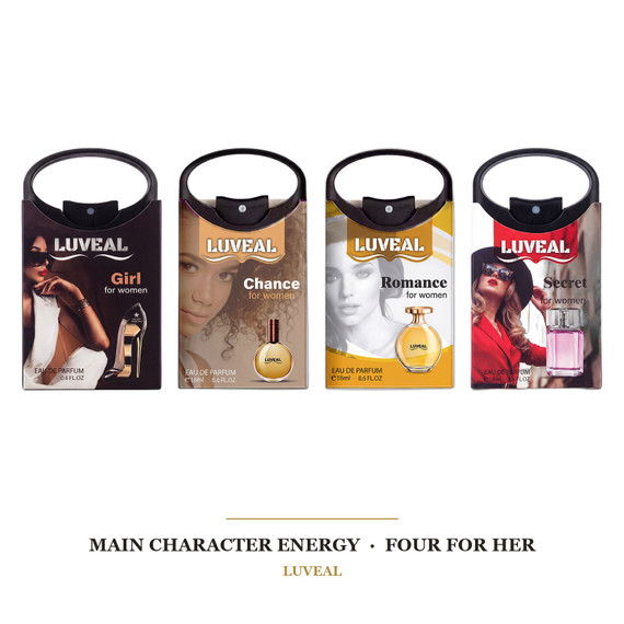 Main Character Energy — The Four Pocket Perfumes for Her — Girl Pocket Perfume 18ml, Chance Pocket Perfume 18ml, Romance Pocket Perfume 18ml, Secret Pocket Perfume for Women 18ml