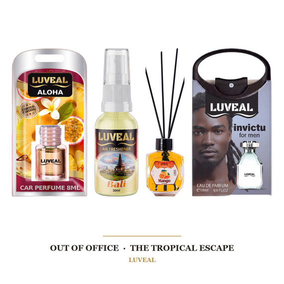 Out of Office — The Tropical Escape Set — Aloha Car Perfume 8ml, Bali Air Freshener 30ml, Mango Reed Diffuser 120ml, Invictu Pocket Perfume 18ml