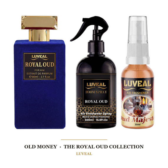 Old Money — The Royal Oud Collection — Royal Oud Extrait de Parfum 80ml, Royal Oud Room Spray 500ml, Oud Majeste Air Freshener 30ml