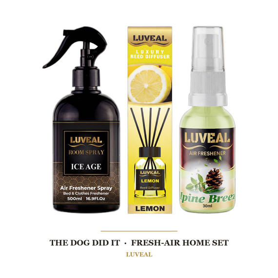 The Dog Did It — Fresh-Air Home Set — Ice Age Room Spray 500ml, Lemon Reed Diffuser 110ml, Alpine Breeze Air Freshener 30ml