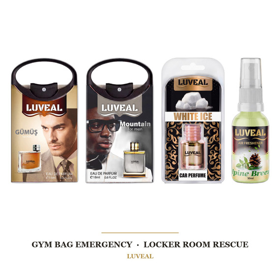 Gym Bag Emergency — The Locker Room Rescue Set — Gumus Pocket Perfume 18ml, Mountain Pocket Perfume 18ml, White Ice Car Perfume 10ml, Alpine Breeze Air Freshener 30ml
