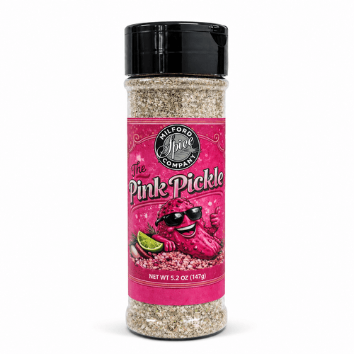 Milford Spice The Pink Pickle seasoning shaker with dill pickle finishing salt, pink Himalayan salt, vinegar powder, garlic, dill, onion, coriander, and black pepper.