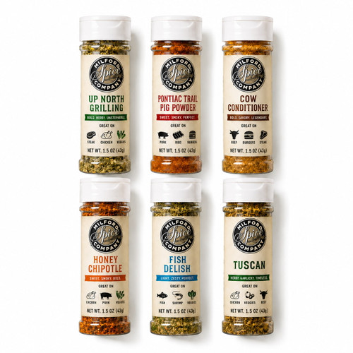 Milford Spice Grilling Sampler Kit with six 2 oz shaker bottles for steak, pork, chicken, seafood, fish, vegetables, grilling, smoking, and BBQ cooking.