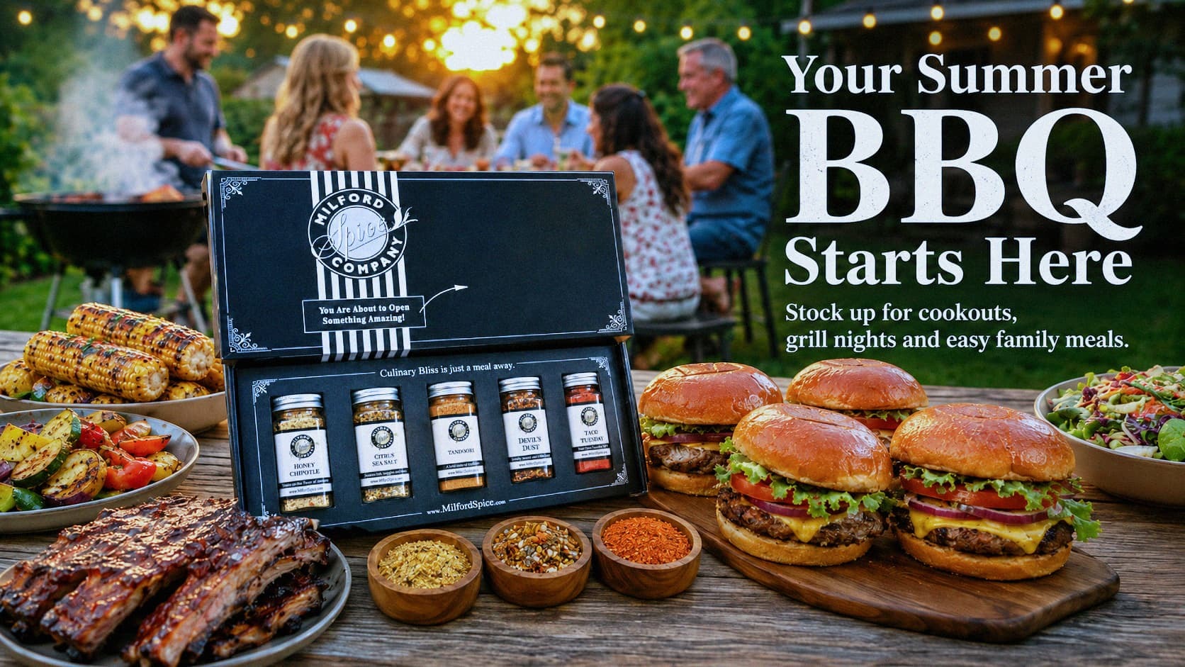Milford Spice Build Your Own Spice Box summer gift set with 5 glass shaker seasonings, custom spice blends for grilling, cooking, BBQ, and food lovers.