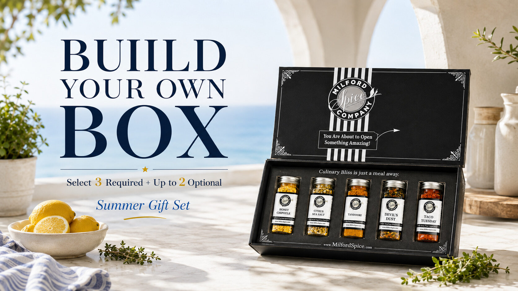 Milford Spice Build Your Own Spice Box summer gift set with 5 glass shaker seasonings, custom spice blends for grilling, cooking, BBQ, and food lovers.