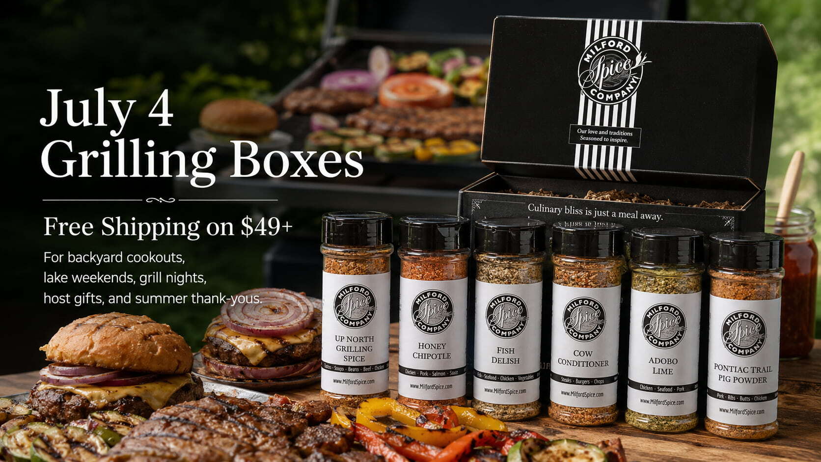 Milford Spice Build Your Own Spice Box summer gift set with 5 glass shaker seasonings, custom spice blends for grilling, cooking, BBQ, and food lovers.