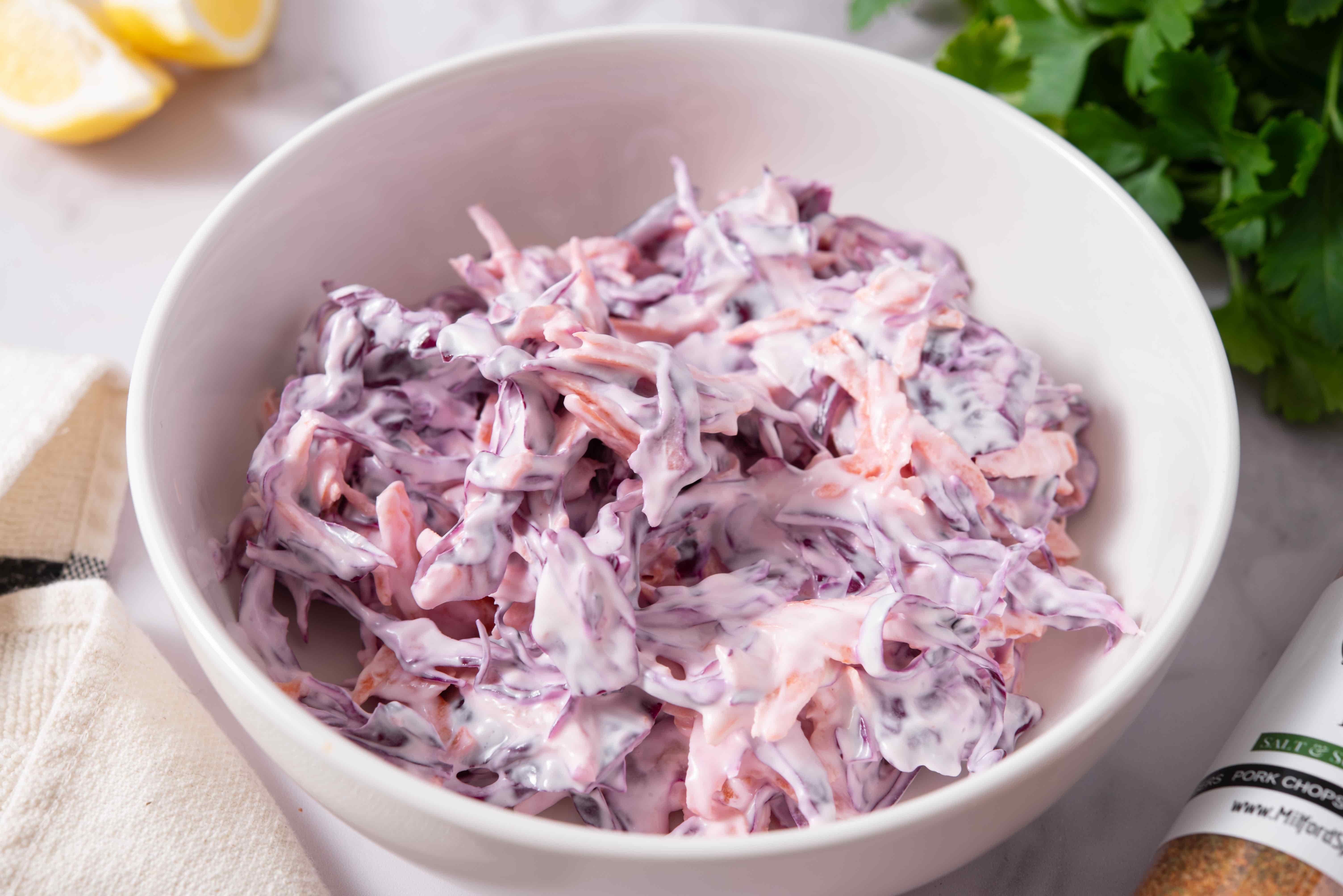 Creamy red cabbage and carrot slaw for BBQ Chicken Tortilla Folds