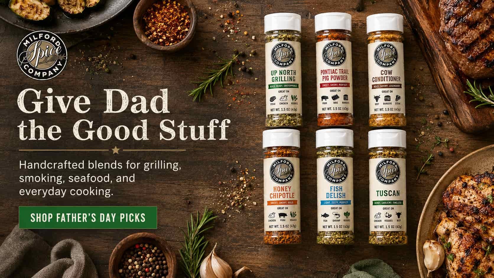 Milford Spice Build Your Own Spice Box summer gift set with 5 glass shaker seasonings, custom spice blends for grilling, cooking, BBQ, and food lovers.