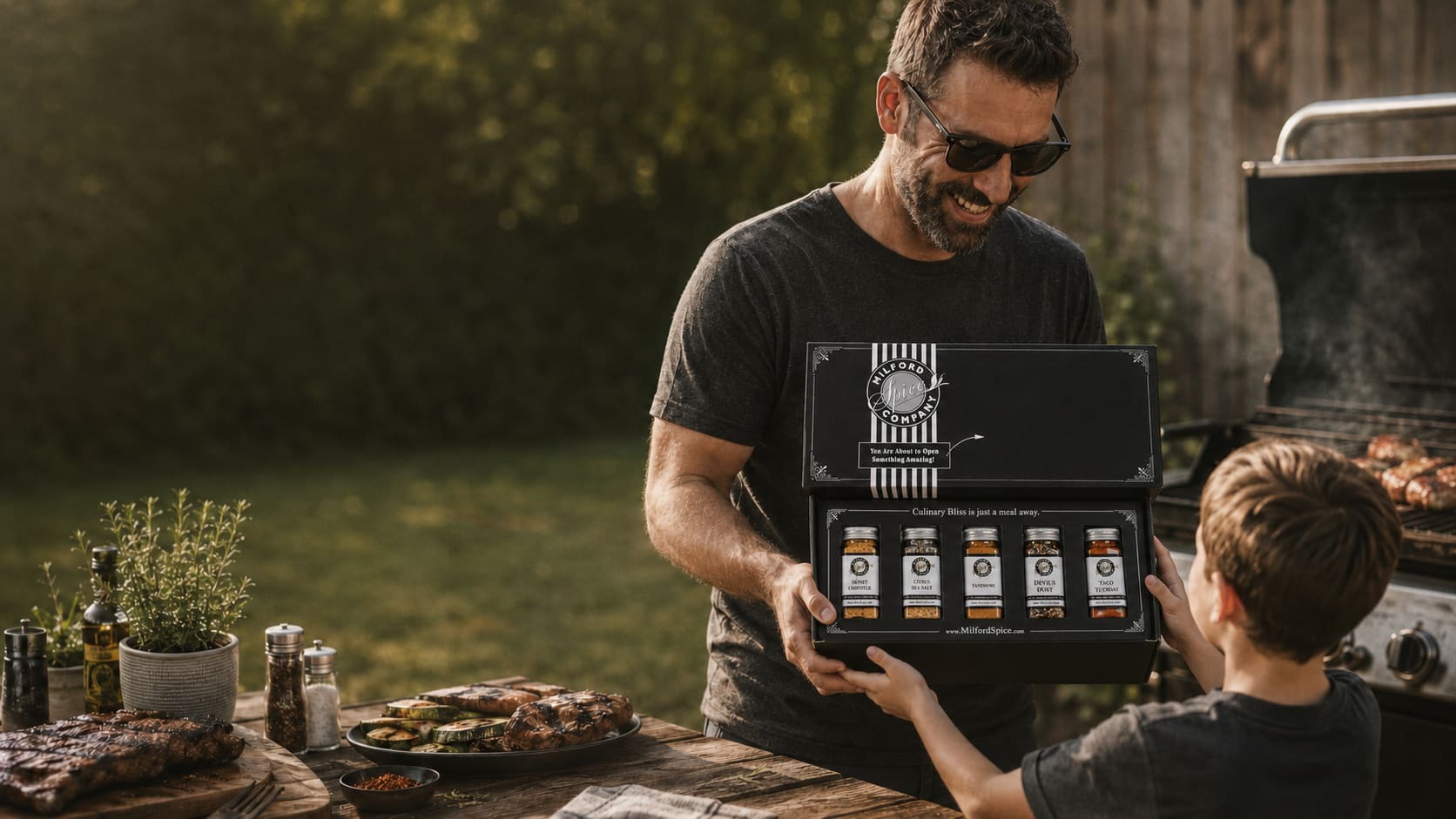 Milford Spice Build Your Own Spice Box summer gift set with 5 glass shaker seasonings, custom spice blends for grilling, cooking, BBQ, and food lovers.