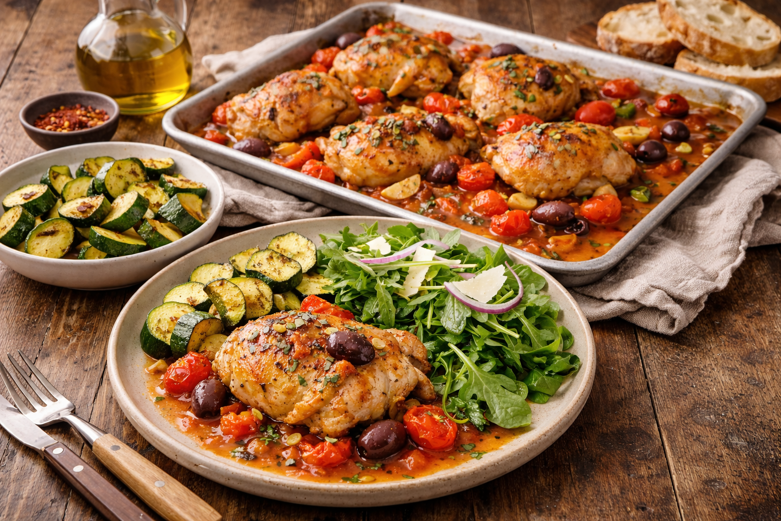 Tuscan Sheet Pan Chicken with Warm Tomato Garlic Pan Sauce, Sauteed Zucchini and Spinach and Arugula and Fennel Salad