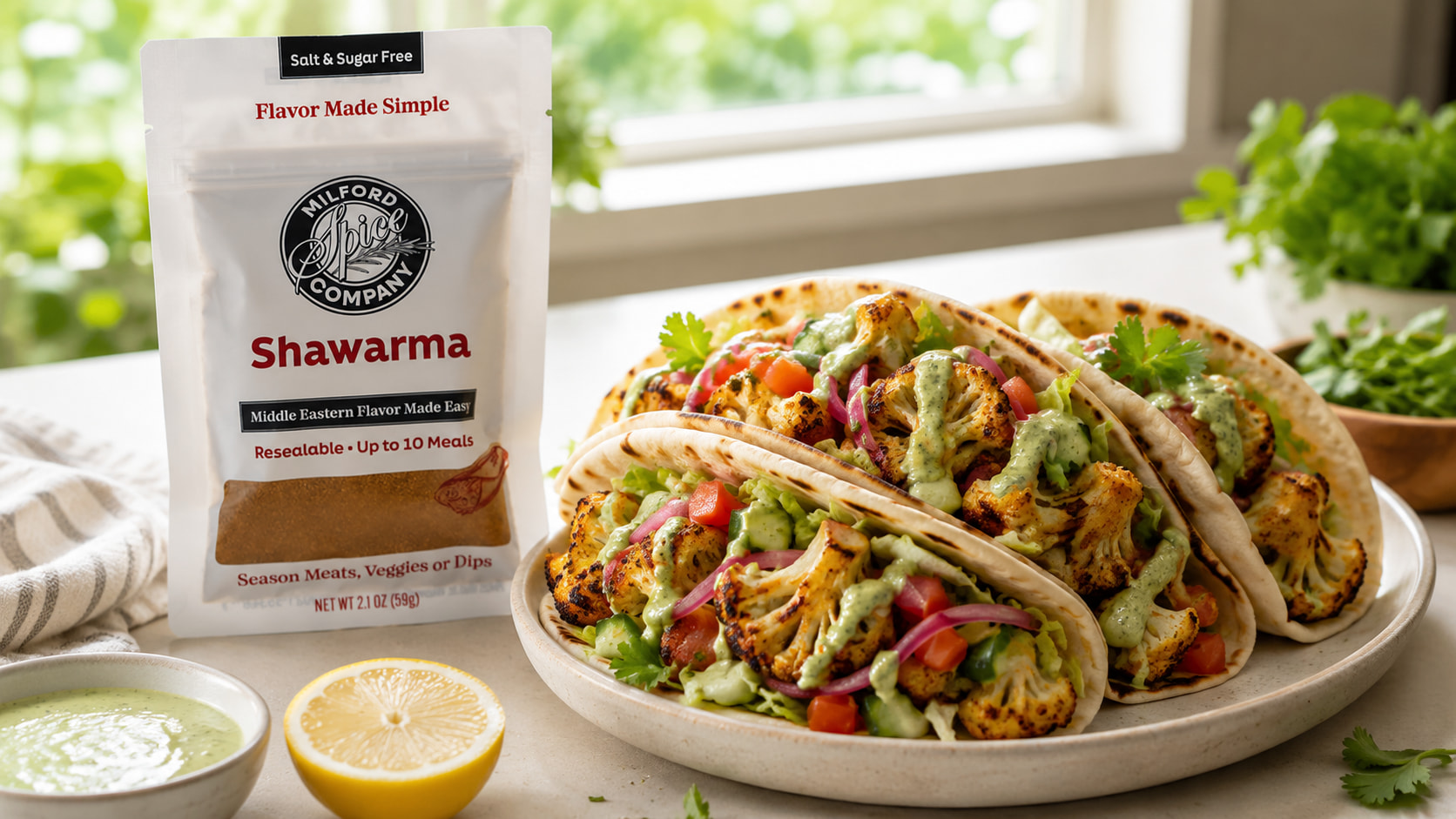 Cauliflower Shawarma Flatbreads with Green Tahini