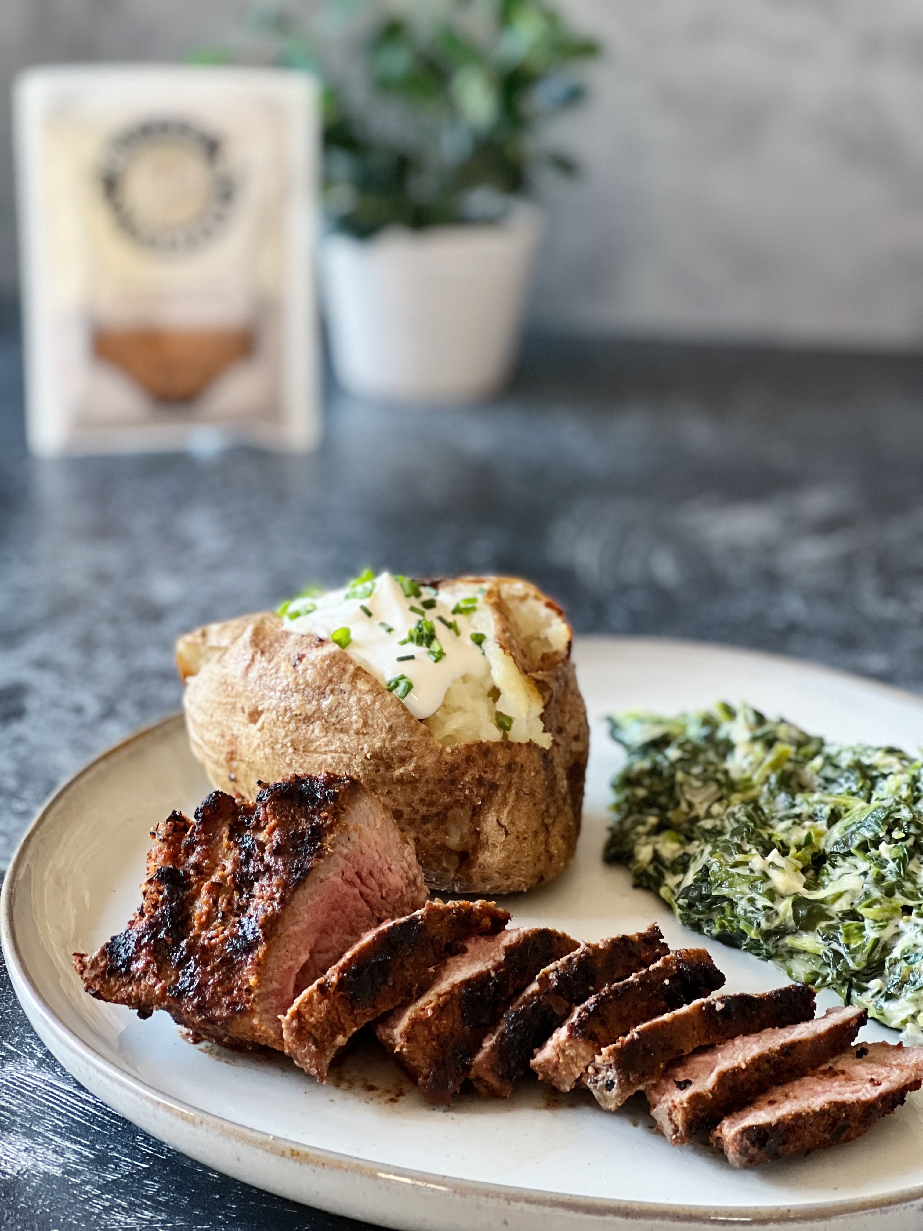 Cow Conditioner Sirloin Steak with Creamed Spinach & Baked Potato