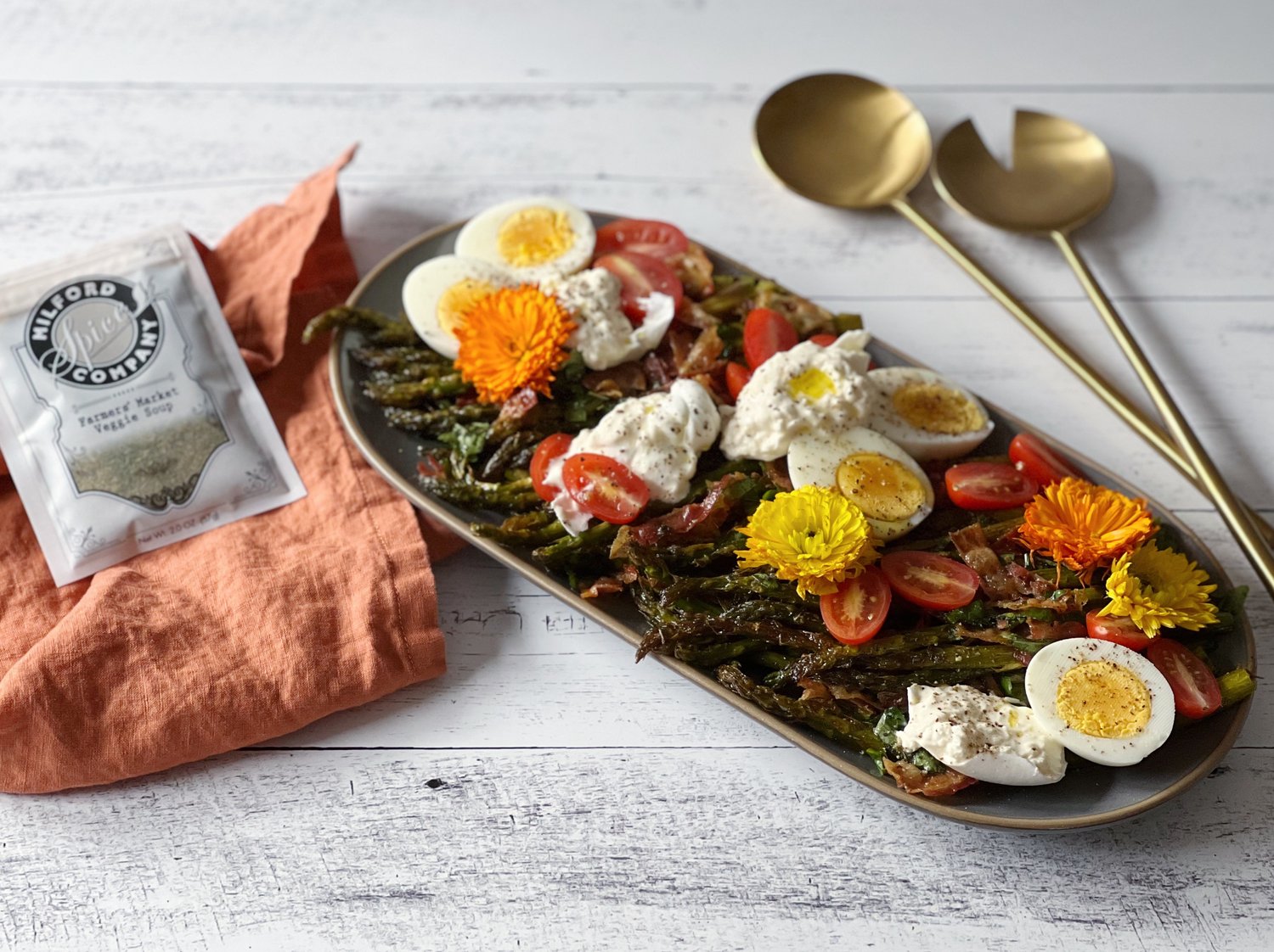 Farmers' Market Veggie Soup Roasted Asparagus, Egg & Bacon Salad