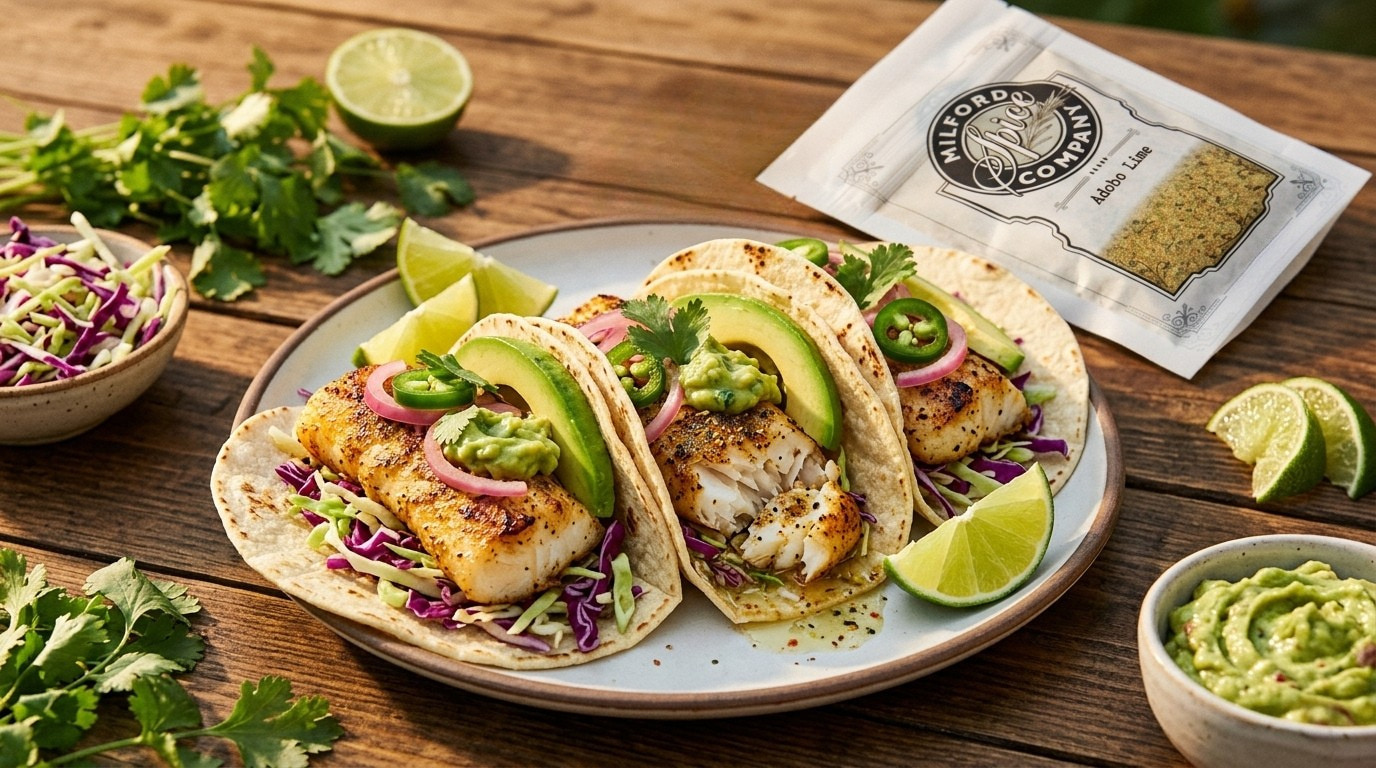 Adobo Lime Fish Tacos with Crunchy Slaw