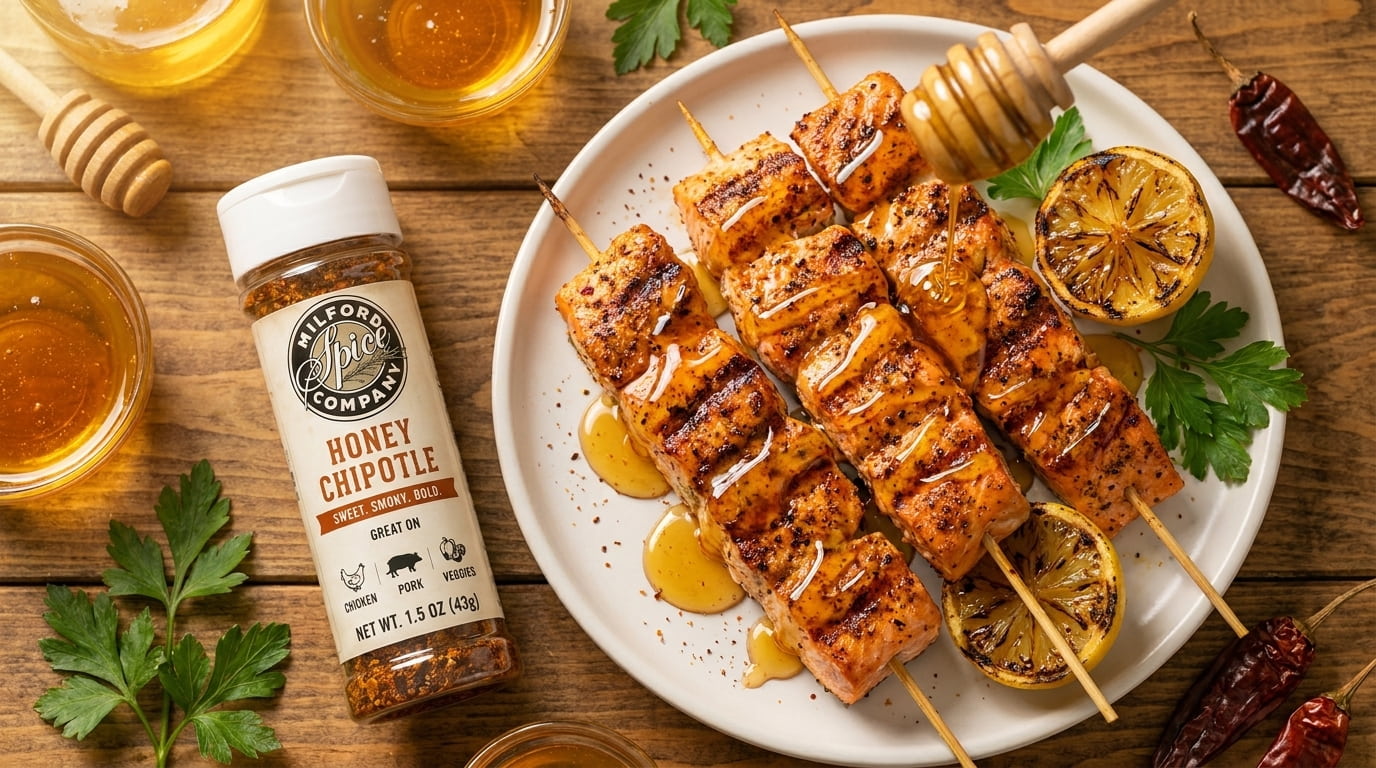 Honey Chipotle Hot Honey Salmon Skewers