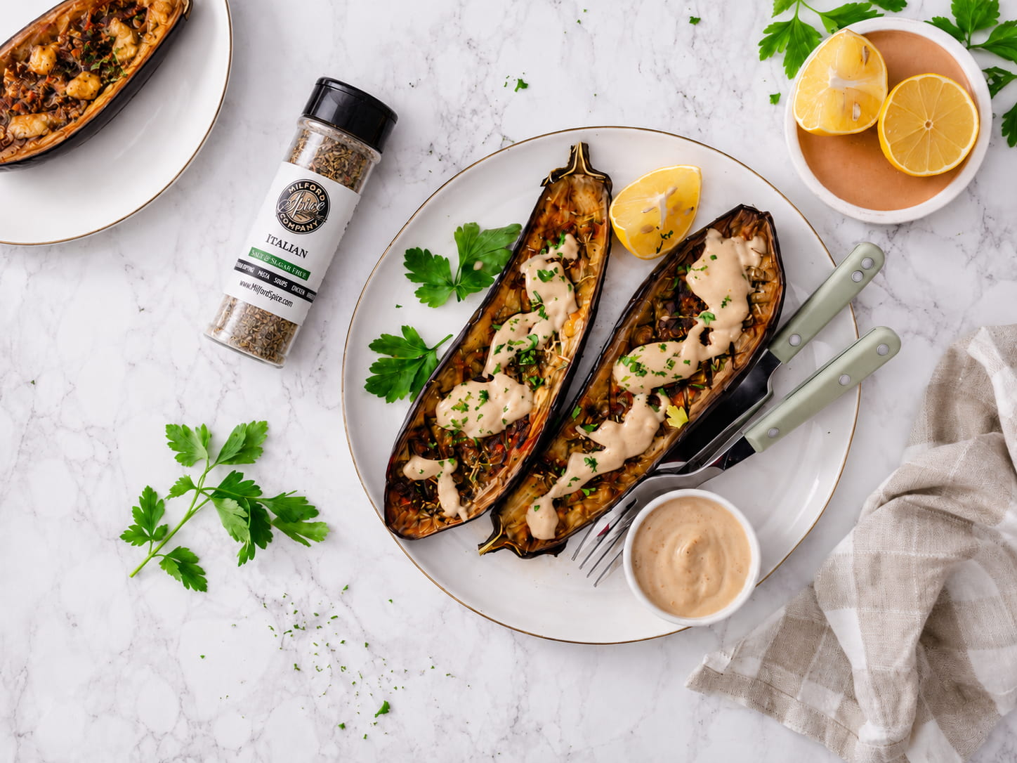 Roasted Italian Eggplant with Lemon Tahini Sauce