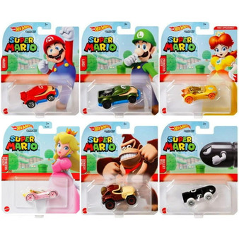 Hot Wheels Super Mario Character Cars – Complete 6‑Pack (HDL35‑986A) | Mario, Luigi, Peach, Daisy, Bullet Bill & Donkey Kong | 1:64 Die-Cast Vehicles – Ages 3+